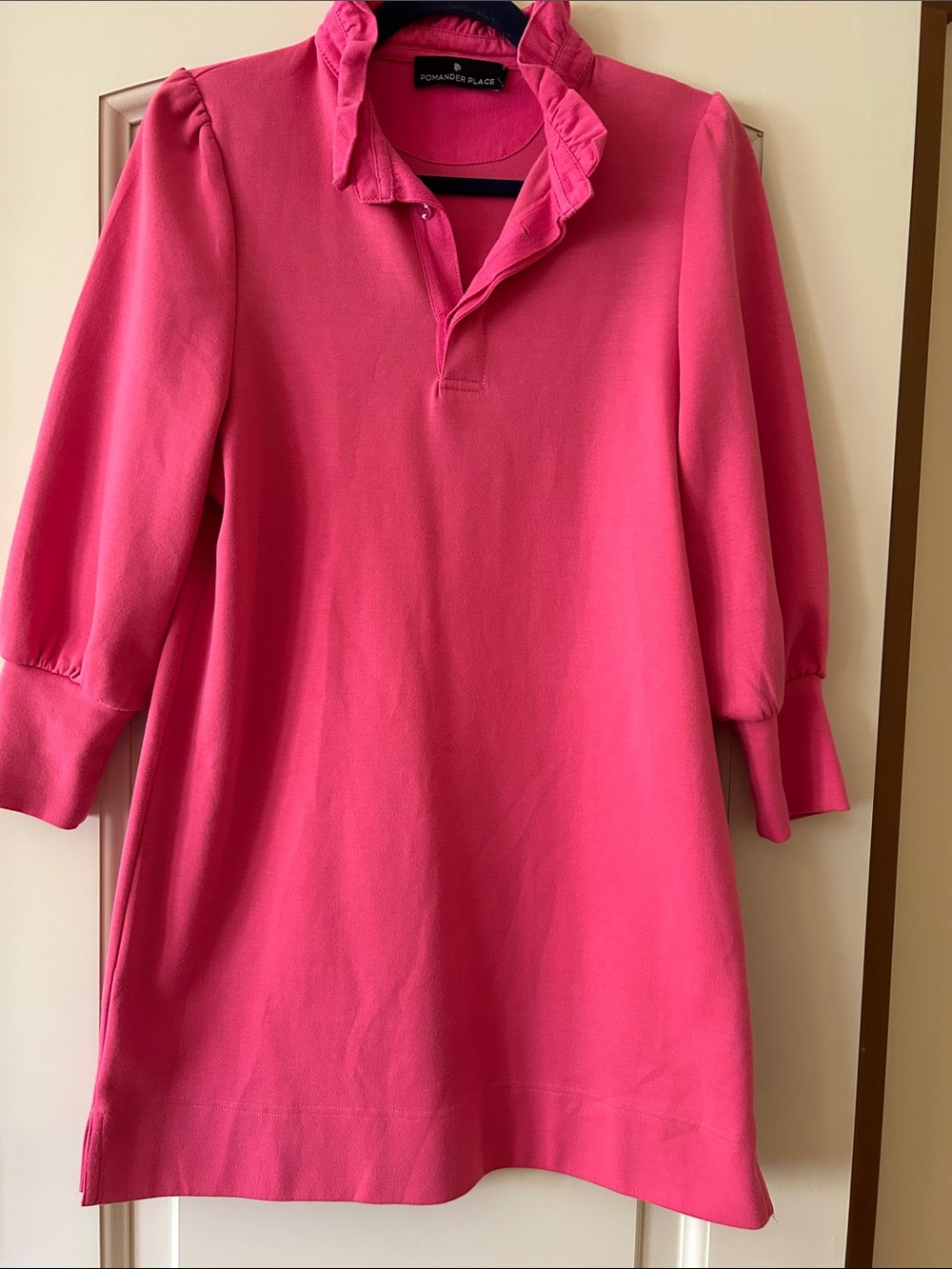 Tuckernuck Pomander Place Hot Pink Ruffle Neck Long Sleeve Tunic Dress